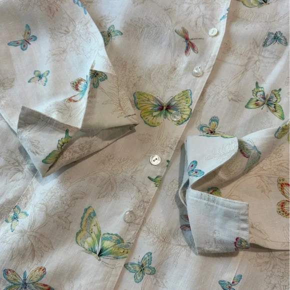 Talbots 100% Linen Button Down Blouse Size 10 Butterfly Print - Picture 3 of 13